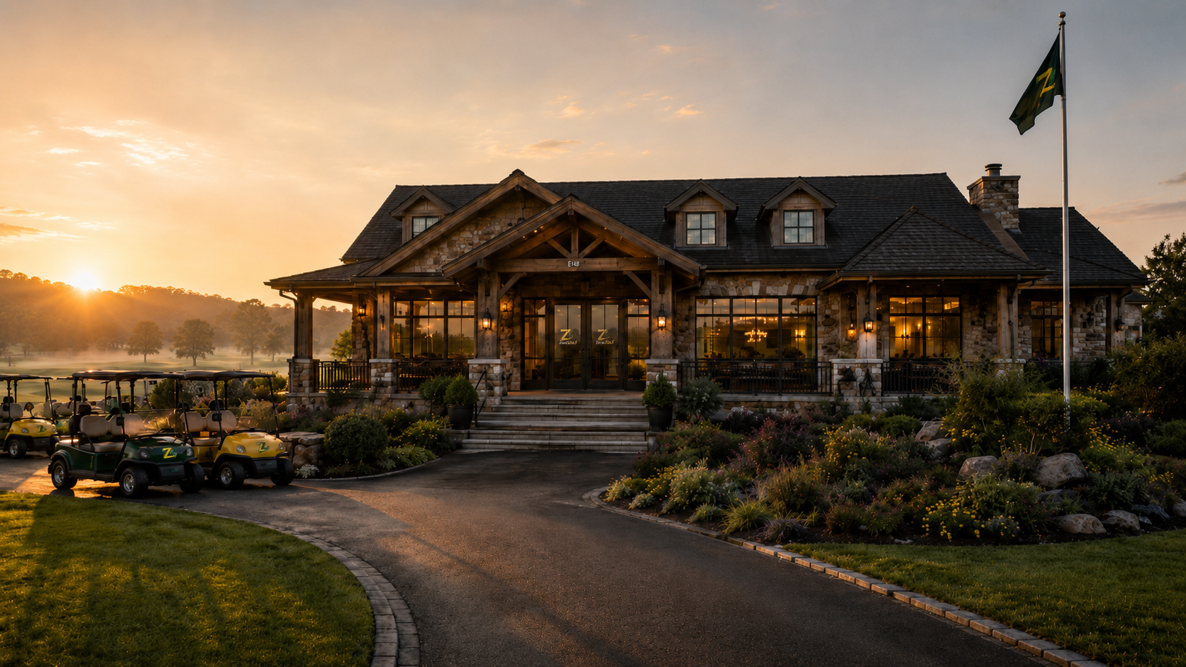 A ZIPGOLF clubhouse at sunset