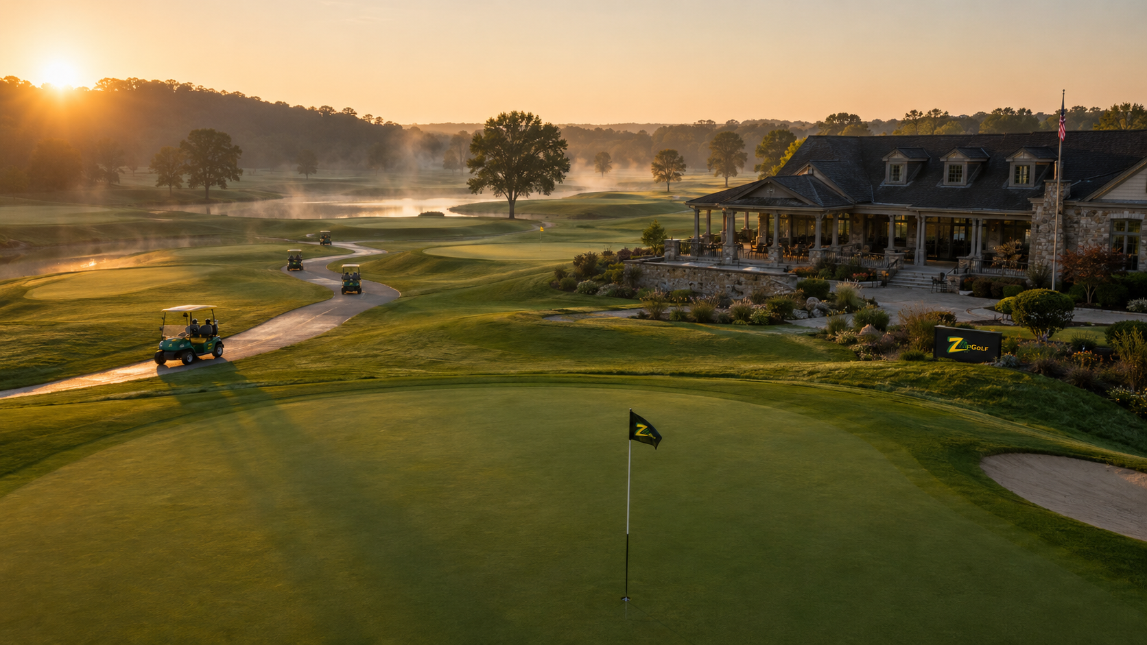 A premium golf clubhouse and green at sunrise
