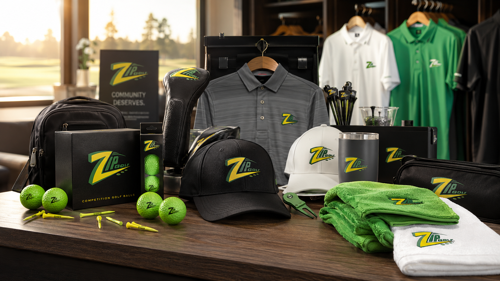 ZIPGOLF merchandise displayed in a pro shop