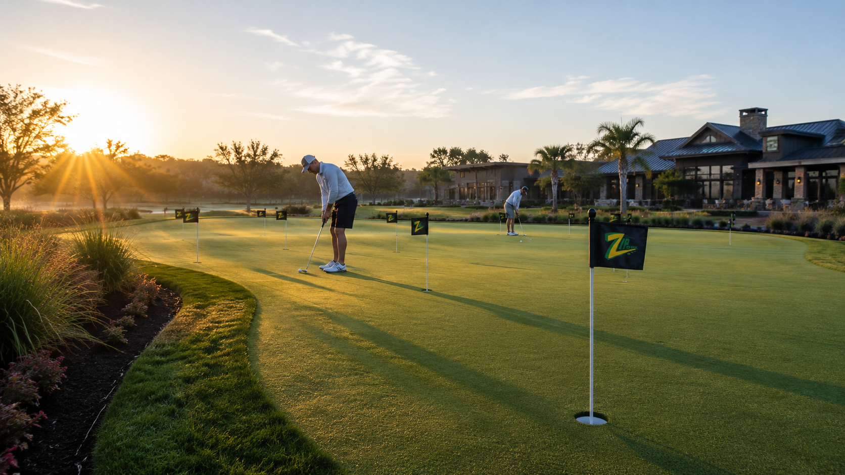 A ZIPGOLF putting green with multiple flags