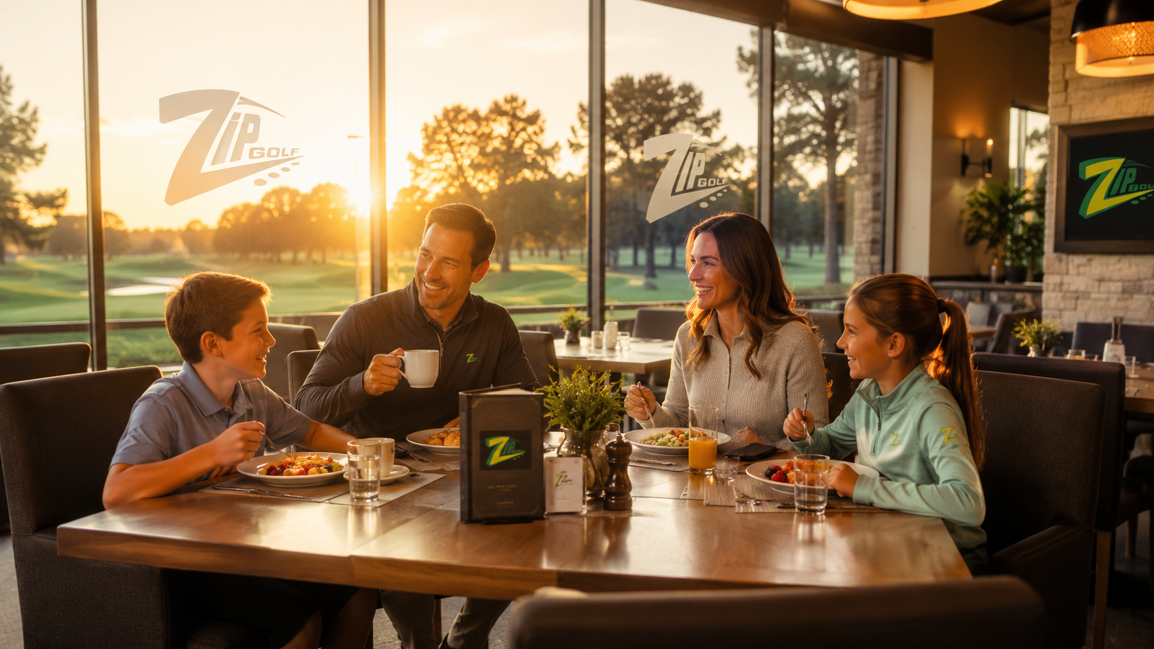 A family enjoying food inside a ZIPGOLF clubhouse