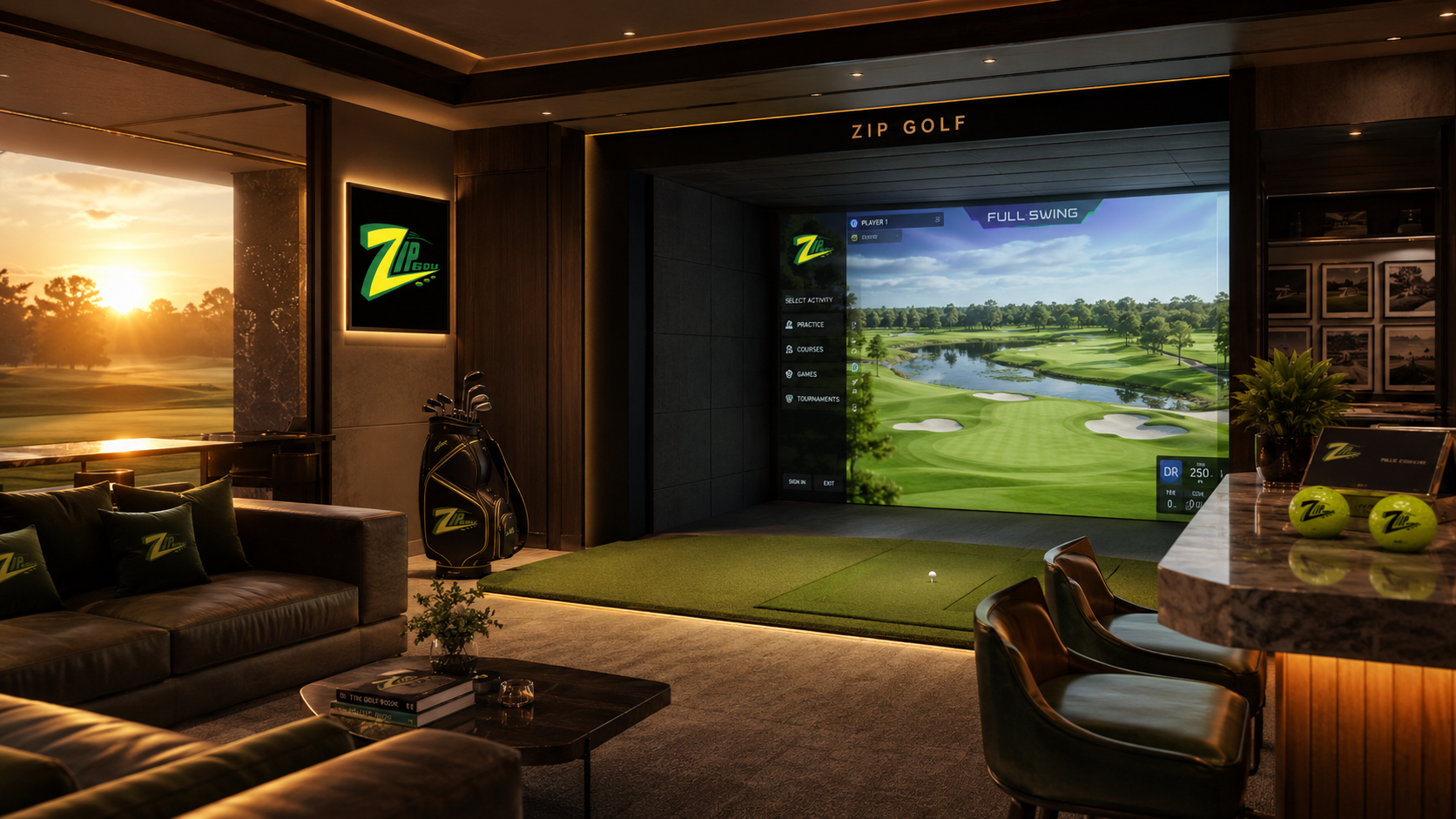 A premium ZIPGOLF simulator lounge